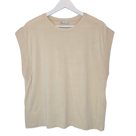 ZARA Ribbed Sleeve Muscle Tee Women’s Sz Medium Beige Minimalist Cotton Tank Y2K - Picture 1 of 7